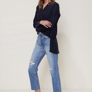 Ro&De Noir Wrap Front Hi-Lo Blouse Cupro Blend Navy Size XS